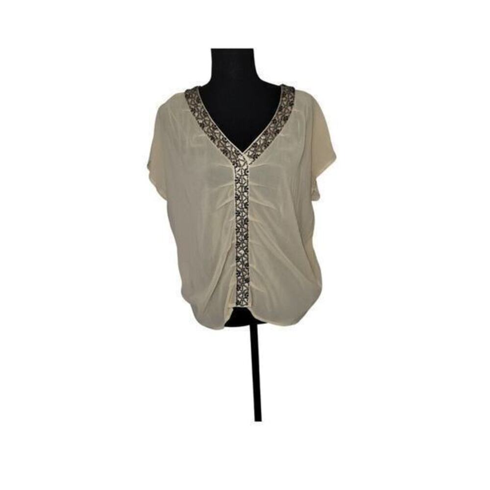 love 21 Women Top Small Tan Chiffon Beaded Sheer Fairycore Goblincore Blouse